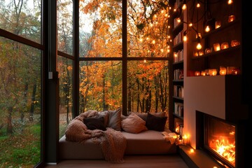 Cozy autumn room with fireplace, forest view, and string lights