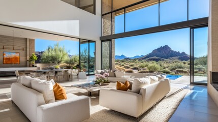 Obraz premium Luxury Living Room Interior With View, Showcasing Comfort And Elegance. Interior Design With Desert Mountain View, Blue Sky.
