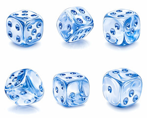 Six translucent blue ice dice on white. Gambling game concept