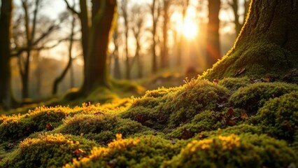 Moss and lichen glow in the soft light of dawn, trees, peaceful, morning