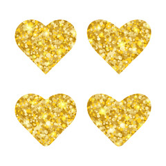 Decorative gold glitter hearts set isolated on white background. Vector illustration.