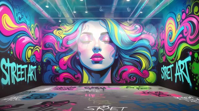 Seamless Looping 4K Time-Lapse Virtual Video Animation Background of Vibrant Street Art Mural Featuring a Colorful Woman&rsquo;s Face in an Urban Graffiti Scene