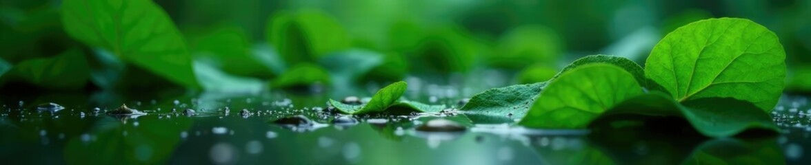 Green foliage and raindrops blend on dark surface, water, rain