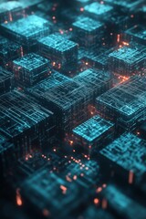 Obraz premium A mesmerizing close-up view of interconnected digital structures illuminated by glowing orange lights, showcasing a futuristic technology landscape