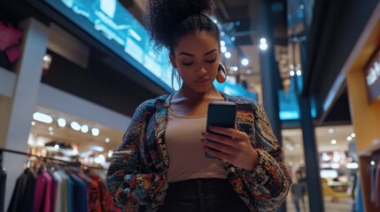 Social media rumors affecting a woman at a shopping mall. Featuring concern and distraction