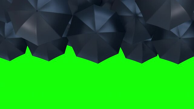 3d animation rotating open colorful umbrellas in realistic minimal style. Abstract conceptual loop background with green screen channel. Above view.