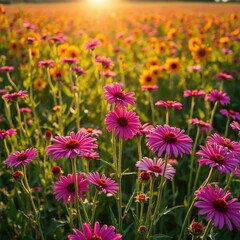 Fototapeta premium Field of dianthus with the sun shining down through the flowers, dianthus, sunflower, field