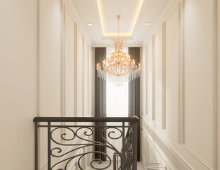 3D interior classic  style Elegant Crystal Chandelier in Grand Staircase and white walls with classic decor.