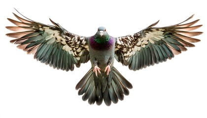 Pigeon with iridescent neck plumage is captured mid flight