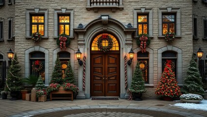 Fototapeta premium Elegant stone mansion with festively decorated doors, holiday, Christmas