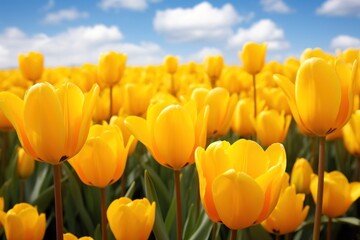 Yellow tulips field flower landscape outdoors.