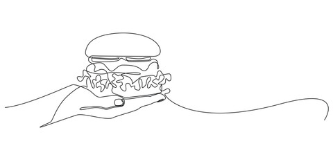 one continuous line of hand holding a hamburger.single line vector illustration of burger in the palm.isolated single line
