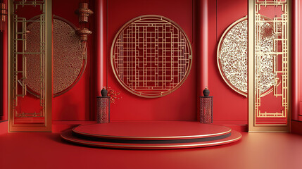 Chinese style red and gold color e-commerce product booth
