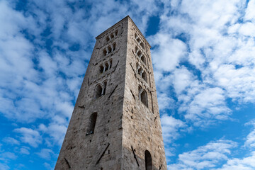 the Romanesque bell tower of Anagni Cathedral with beautiful mullioned and three-light windows.For safety reasons it was built near the church but separate from it.