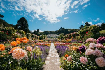 Colorful rose garden path leading to a mansion under a blue sky