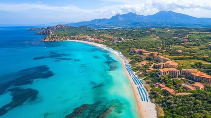 Fototapeta premium Aerial View Of Sardinia'S Stunning Beach. Crystal Clear Turquoise Water And Lush Landscapes Create A Paradise For Vacations.