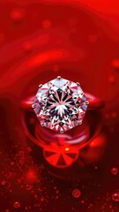 Diamond ring submerged in fiery red liquid environment, glowing liquid, red liquid diamond ring