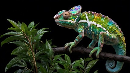 Fototapeta premium Chameleon and green lizard on black and green backgrounds