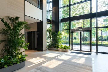 Modern building lobby with plants, natural light, and garden view