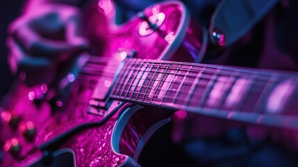 Obraz premium Close-up of a vibrant pink electric guitar being played on stage with colorful lighting effects