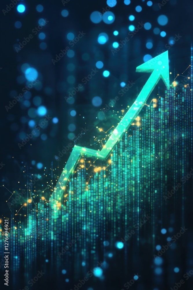 Poster a dynamic digital graph with an upward trend, showcasing growth against a backdrop of glowing data p