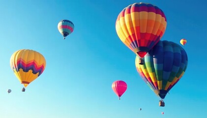 Fototapeta premium Brightly colored hot air balloons fill the clear blue sky with their shapes, airships, blue sky