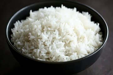 Steamed white rice in a black bowl on a dark background