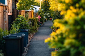Obraz premium Landscape view shady vibe alley with trash can at side of the road, City walking street with tree planting near the building.