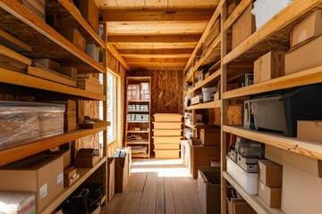 Obraz premium Wooden storage room with shelves, boxes, and supplies, for organizing inventory