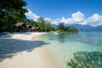 Fototapeta premium Tropical beach with bungalows, clear water, and mountain backdrop