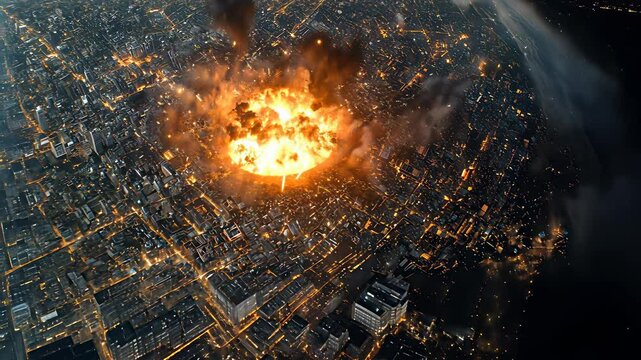 Massive explosion devastates city at night creating a dramatic display of flames and smoke from above