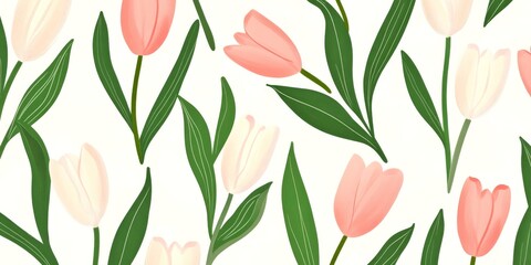 Obraz premium Beautiful floral pattern featuring soft pink and white tulips surrounded by fresh green leaves. This illustration is ideal for spring-themed designs and decorative purposes. AI