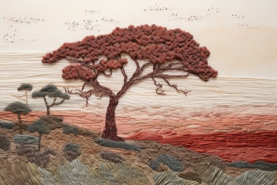 Textured landscape with red tree