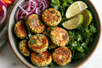 Falafel bowl with herbs, lime, and red onion on marble