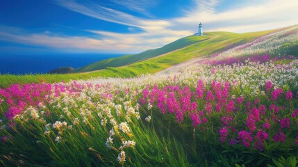 Fototapeta premium Beautiful colorful wild flowers with lighthouse at sea beach in Spring.