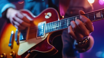 Naklejka premium Musician passionately playing electric guitar on stage during a vibrant live concert with lights