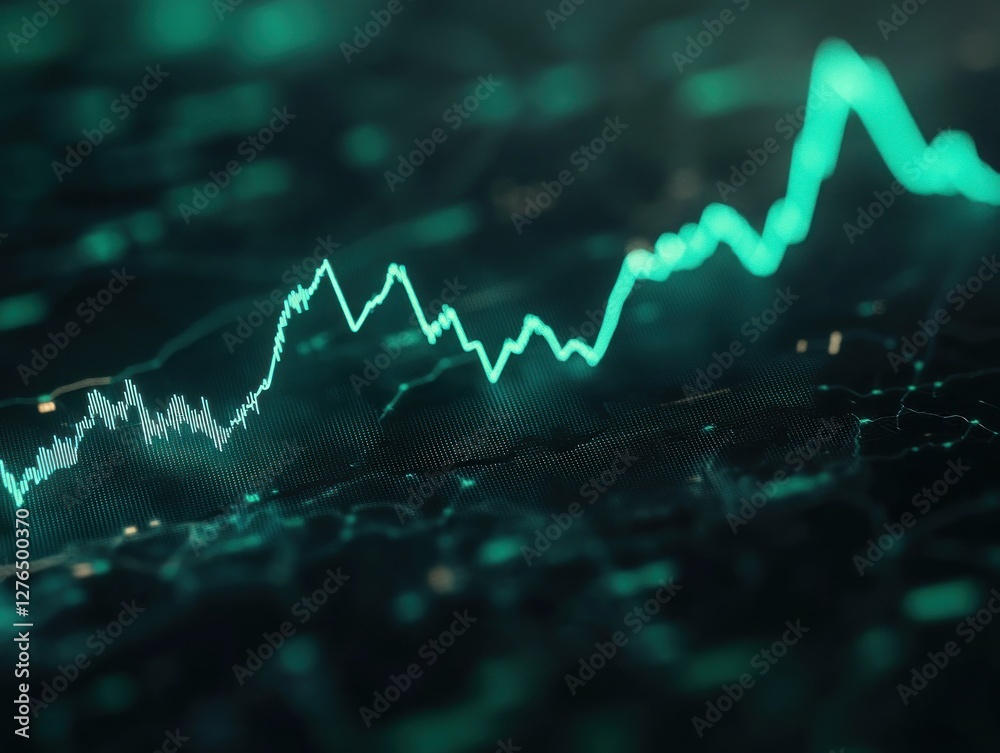 Poster abstract representation of fluctuating financial data with glowing line graphs over a dark backgroun