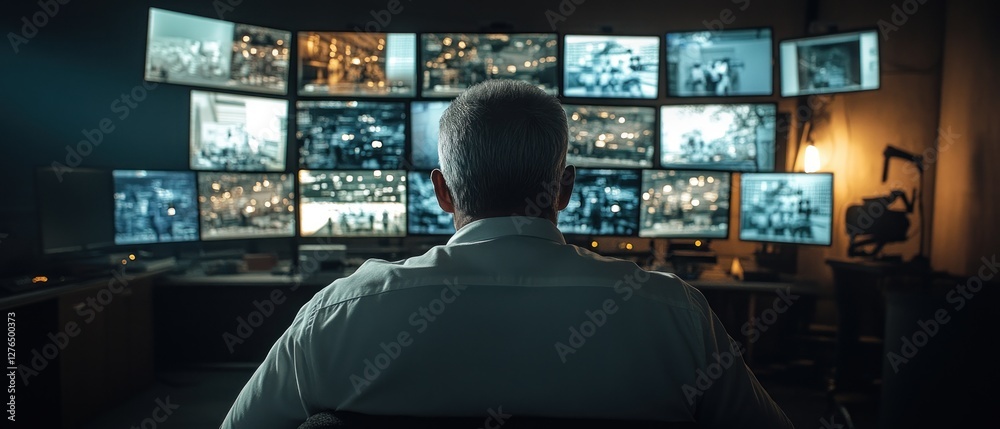 Poster man monitoring multiple security cameras in control room