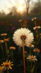Obraz premium A delicate white dandelion blooms in the background as golden light casts shadows on its surrounding flowers at sunset, white, flower, garden scene