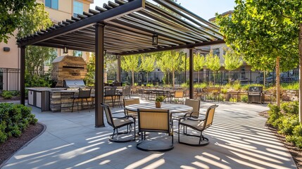 Outdoor Patio Setting With Pergola, BBQ And Seating. Perfect For Summer Gatherings. Lifestyle, Backyard.