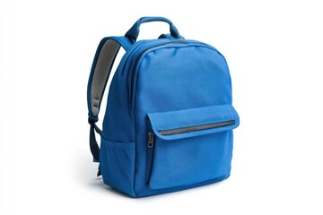 Blue backpack positioned on a clean white surface