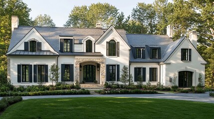 Luxury Home Exterior Featuring A Lush Green Lawn And Elegant Architecture. Aspirational Residence.