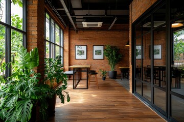 Fototapeta premium Modern cafe interior with brick walls, plants, and natural light
