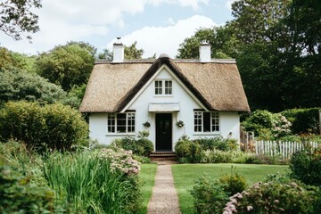 Quaint thatched cottage with garden path in a peaceful forest setting