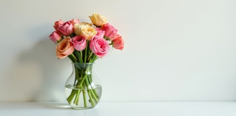 Fototapeta premium A bouquet of fresh flowers in a simple clear glass vase, vase, clear glass, clean