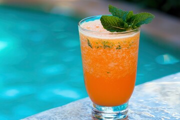 Obraz premium Refreshing orange juice with mint by the pool on a summer day