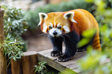 Naklejka premium Selective focus red panda in the zoo with shady view, Safari zoo with wild animal, Close up shot red panda in safari zone, Safari tour.