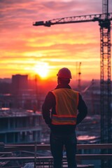 Fototapeta premium Construction worker observing a vibrant sunset while standing on a building site, with cranes and urban landscape in the background