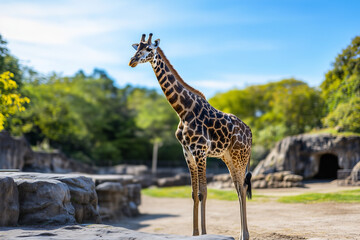 Obraz premium Selective focus giraffe in the zoo with shady view, Safari zoo with wild animal, Close up shot giraffe in safari zone, Safari tour.
