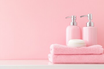 Pink towel with soap and dispensers on light background, emphasizing cleanliness and style. Generated AI